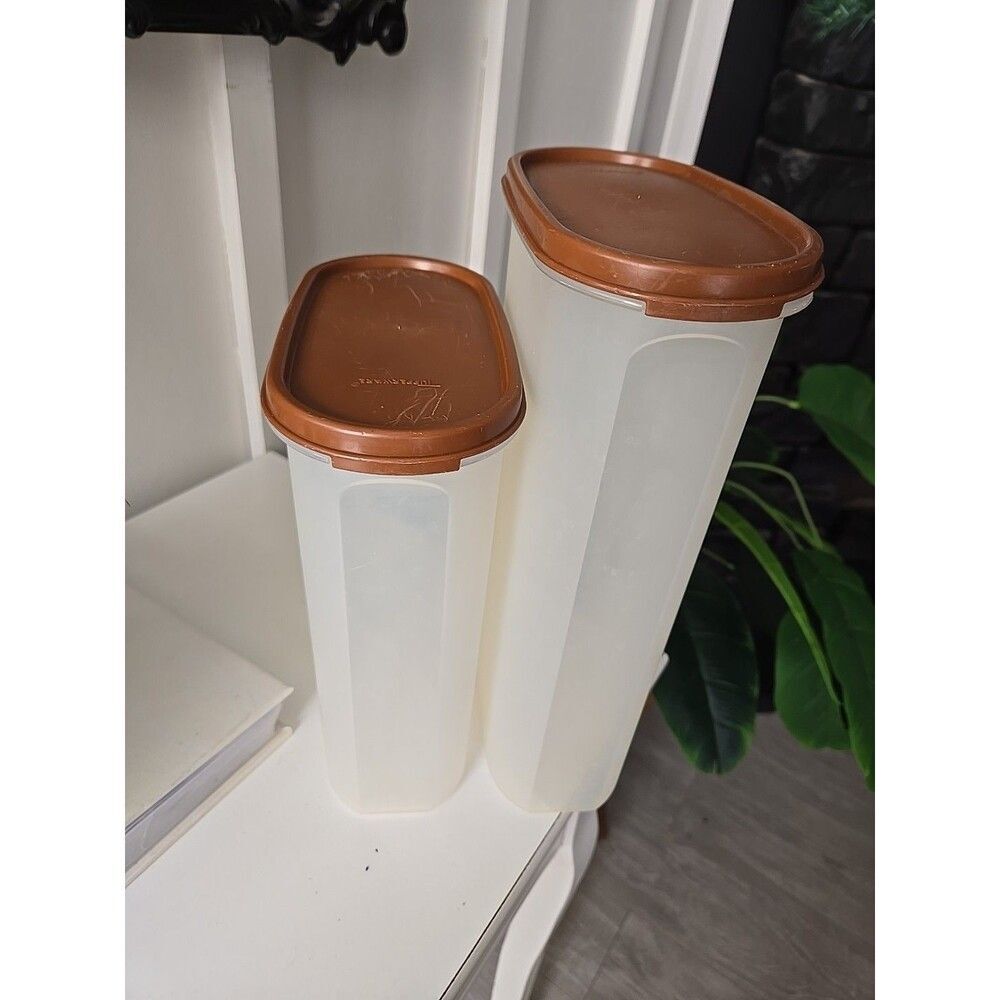 Vtg Tupperware Lot 2 Tall Sheer 12 1/4 Cup Container and 9 3/4 Brown Lids - Picture 1 of 7